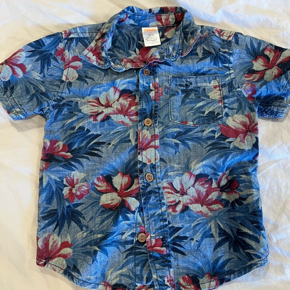 Gymboree Blue and Red Button Down Shirt Tropical Floral Pattern